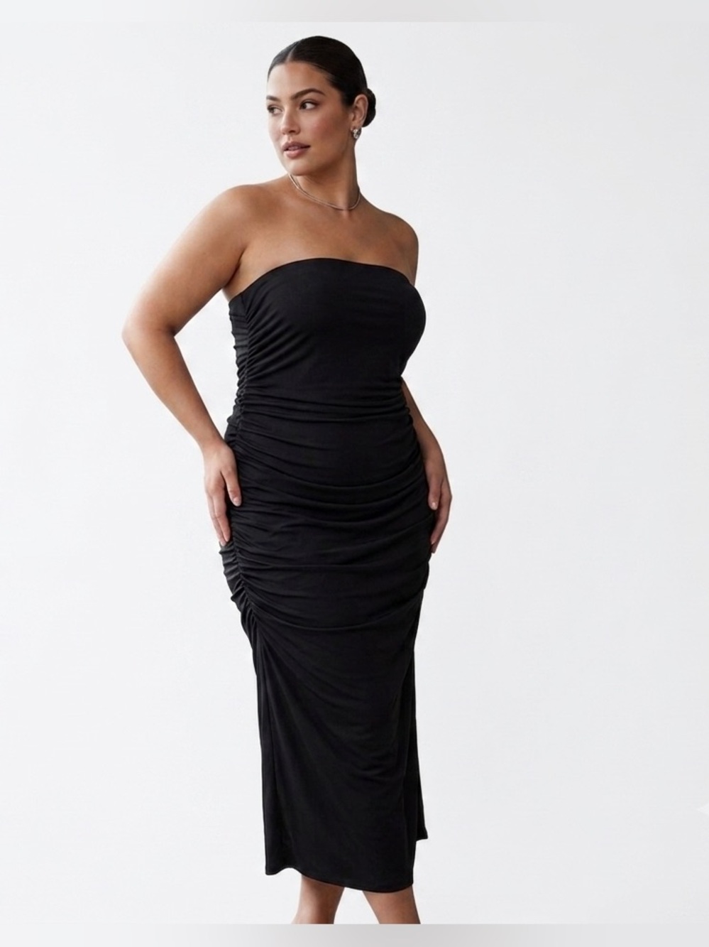 Bershka Strapless Ruched Black Midi Dress